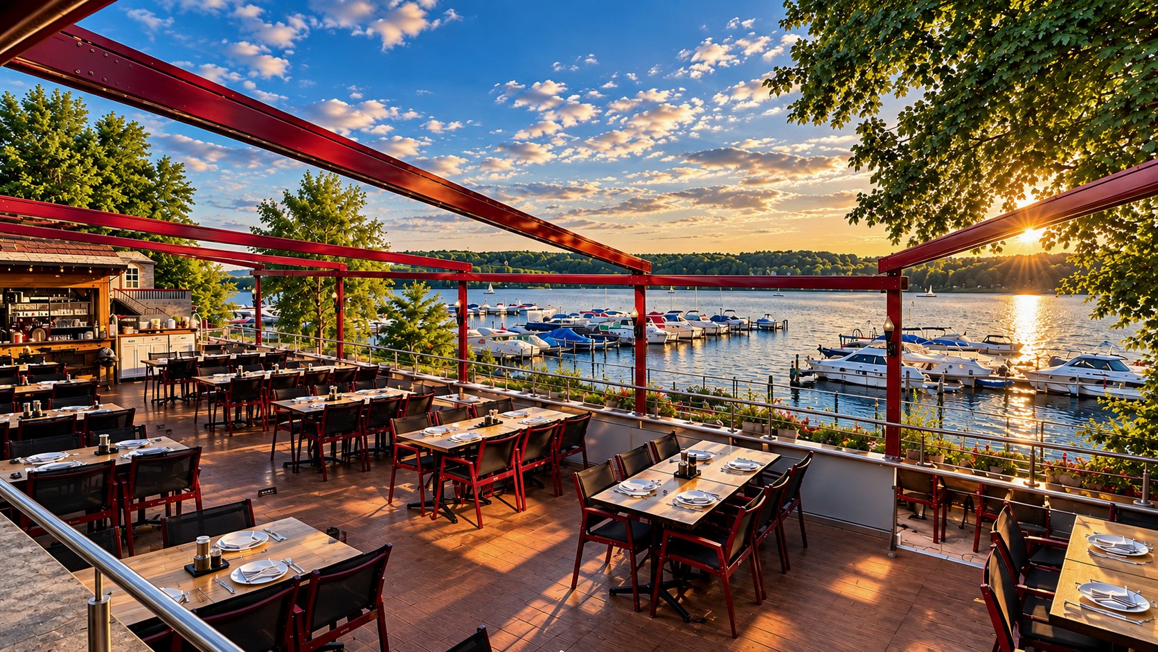 Sommerterrasse des Restaurant Olympia am Zeuthener See bei Sonnenuntergang